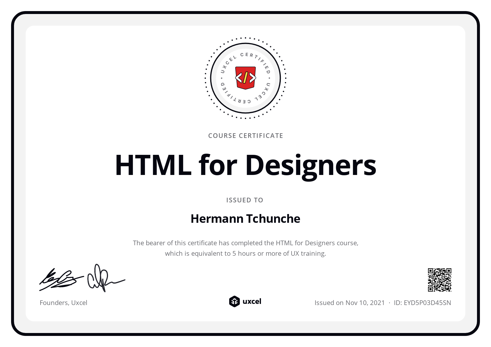 Hermann Tchunche's certificate